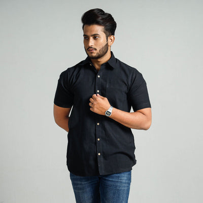 Black - Plain Handloom Cotton Men Half Sleeve Shirt
