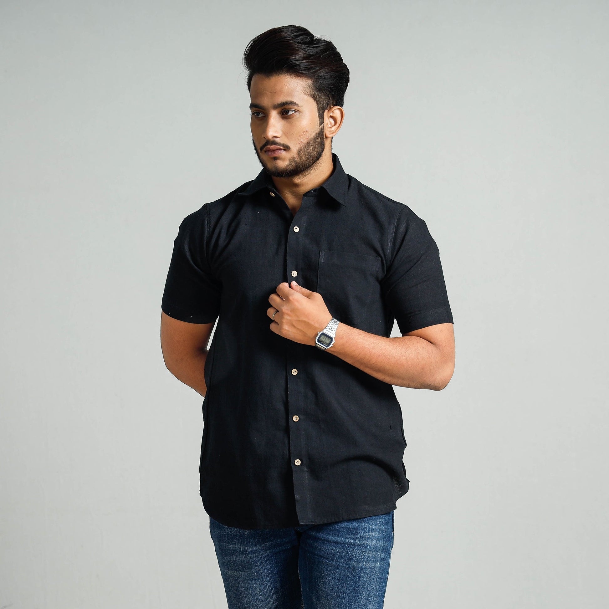 Black - Plain Handloom Cotton Men Half Sleeve Shirt