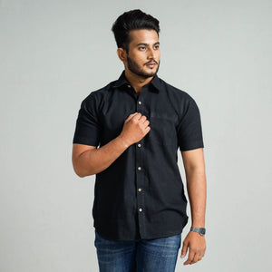 Black - Plain Handloom Cotton Men Half Sleeve Shirt