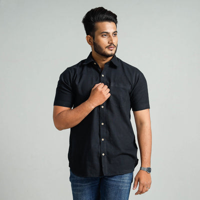 Black - Plain Handloom Cotton Men Half Sleeve Shirt