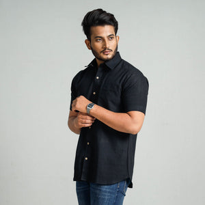 Black - Plain Handloom Cotton Men Half Sleeve Shirt