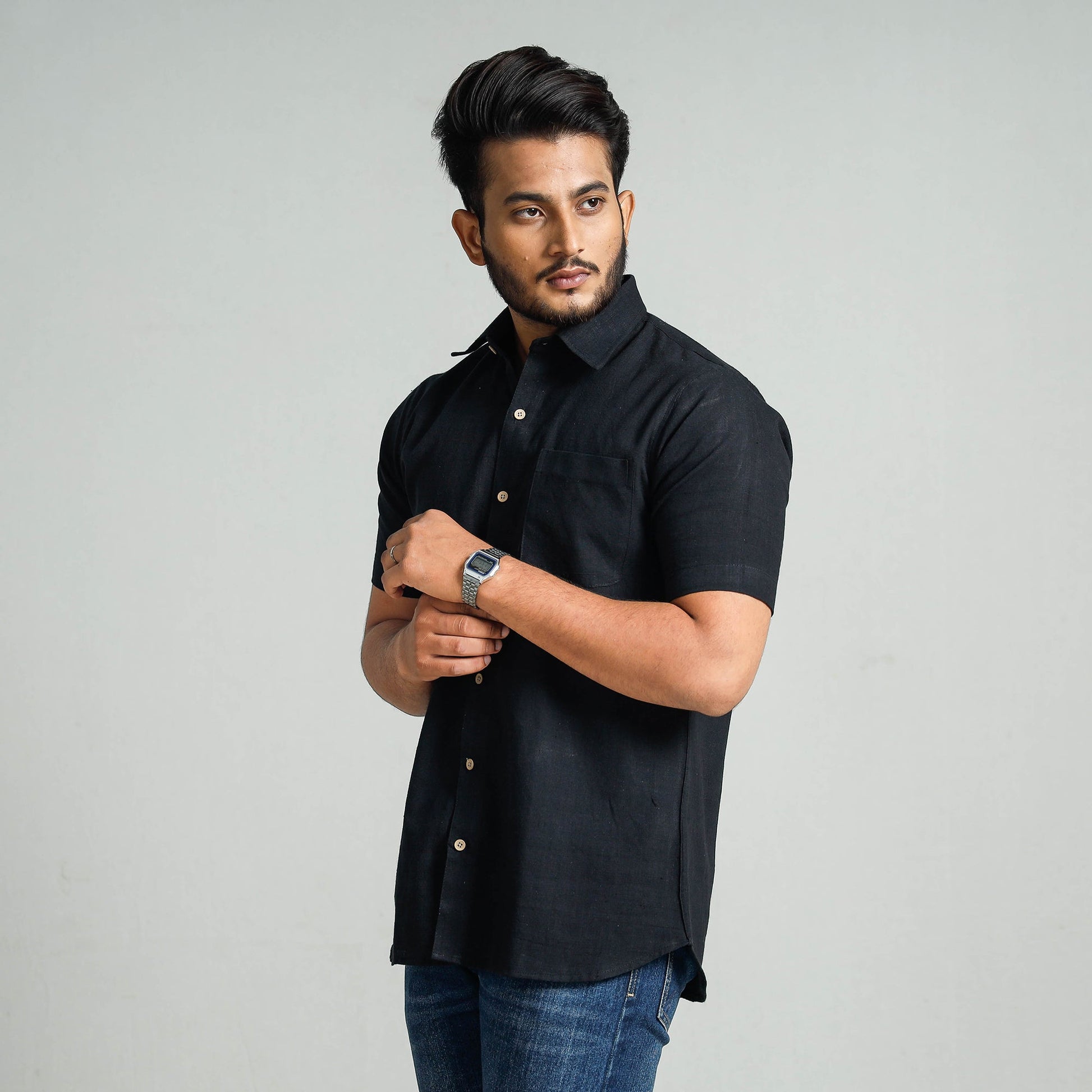 Black - Plain Handloom Cotton Men Half Sleeve Shirt