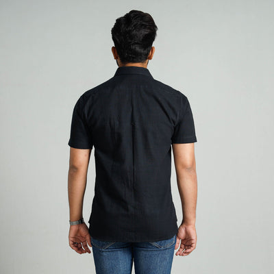 Black - Plain Handloom Cotton Men Half Sleeve Shirt