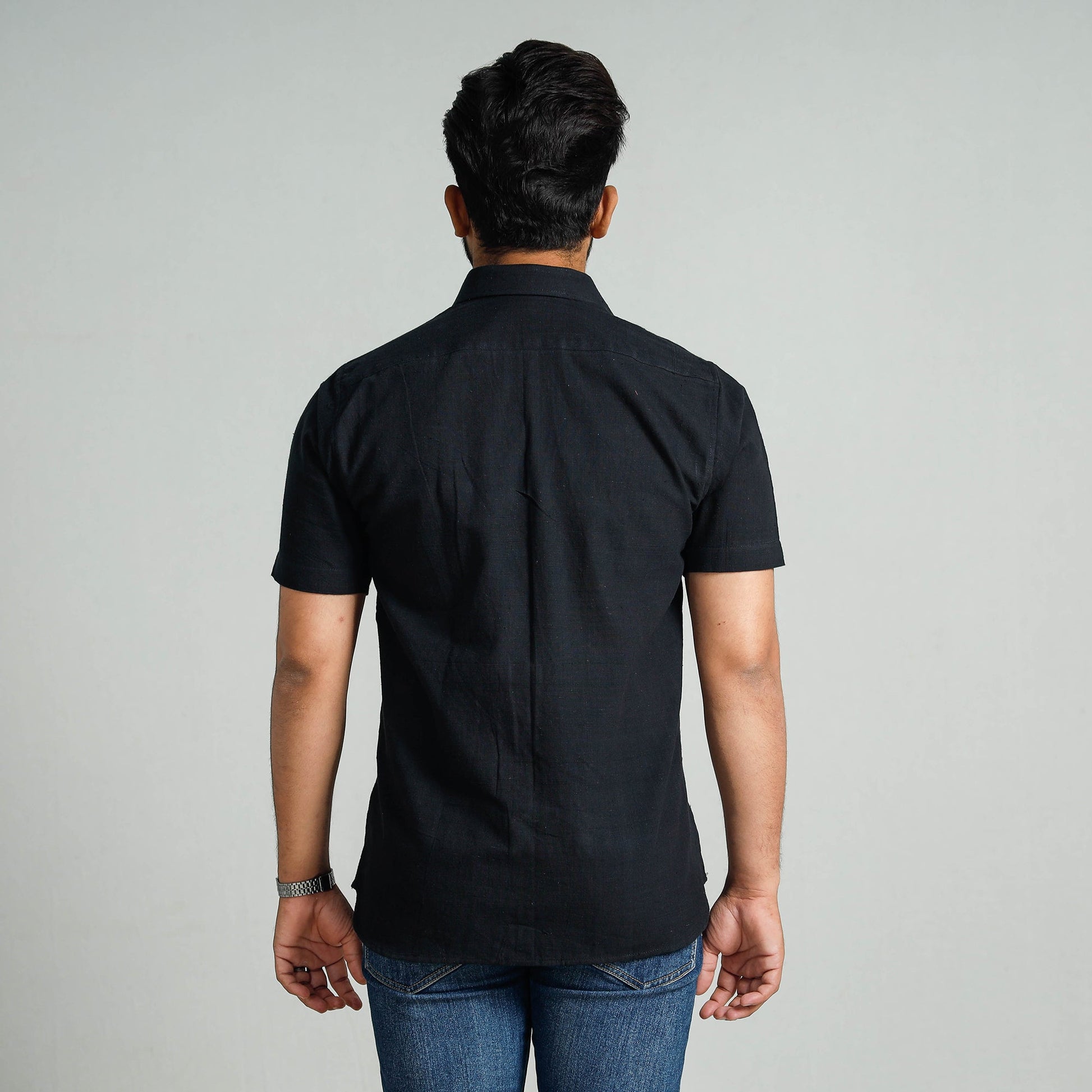 Black - Plain Handloom Cotton Men Half Sleeve Shirt