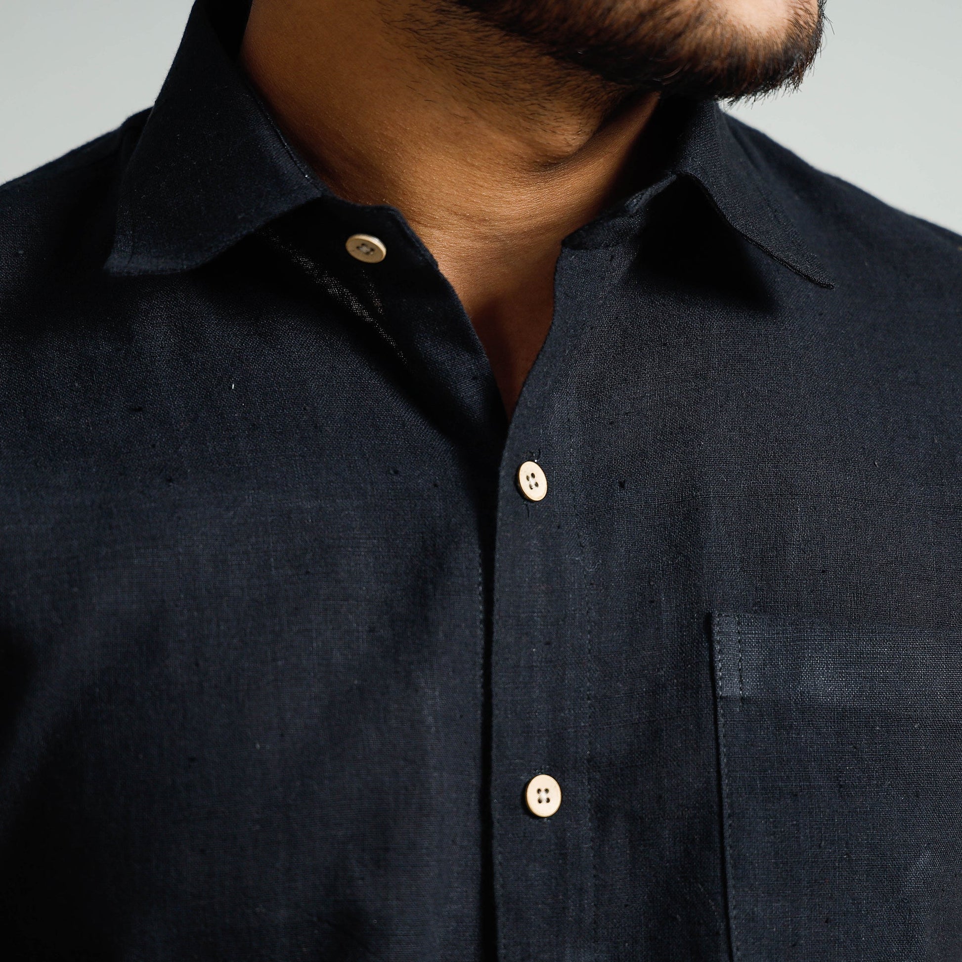 Black - Plain Handloom Cotton Men Half Sleeve Shirt