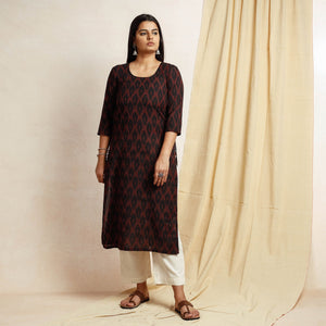 Black  - Pochampally Ikat Weave Cotton Long Straight kurta