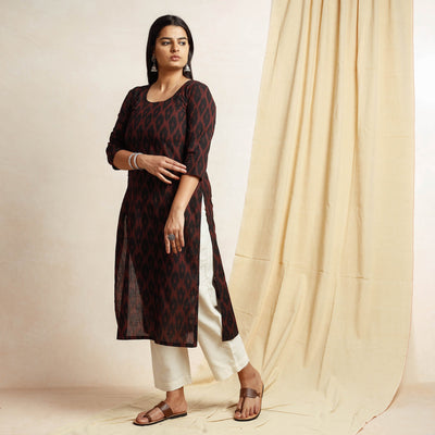 Black  - Pochampally Ikat Weave Cotton Long Straight kurta