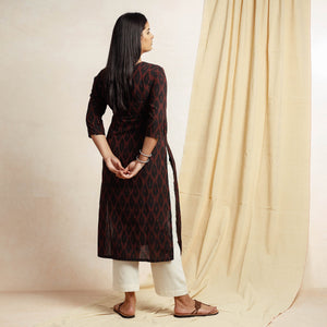 Black  - Pochampally Ikat Weave Cotton Long Straight kurta