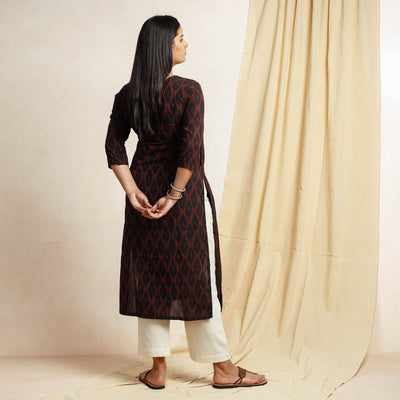 Black  - Pochampally Ikat Weave Cotton Long Straight kurta