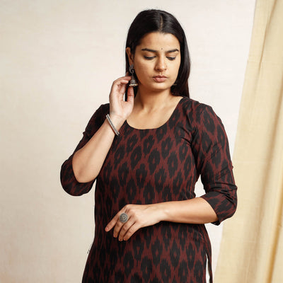 Black  - Pochampally Ikat Weave Cotton Long Straight kurta