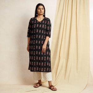 Black Pochampally Ikat Weave Cotton Long Kurta