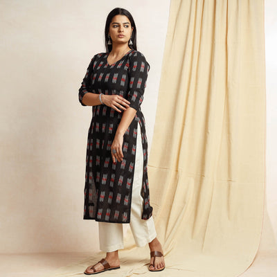 Black Pochampally Ikat Weave Cotton Long Kurta
