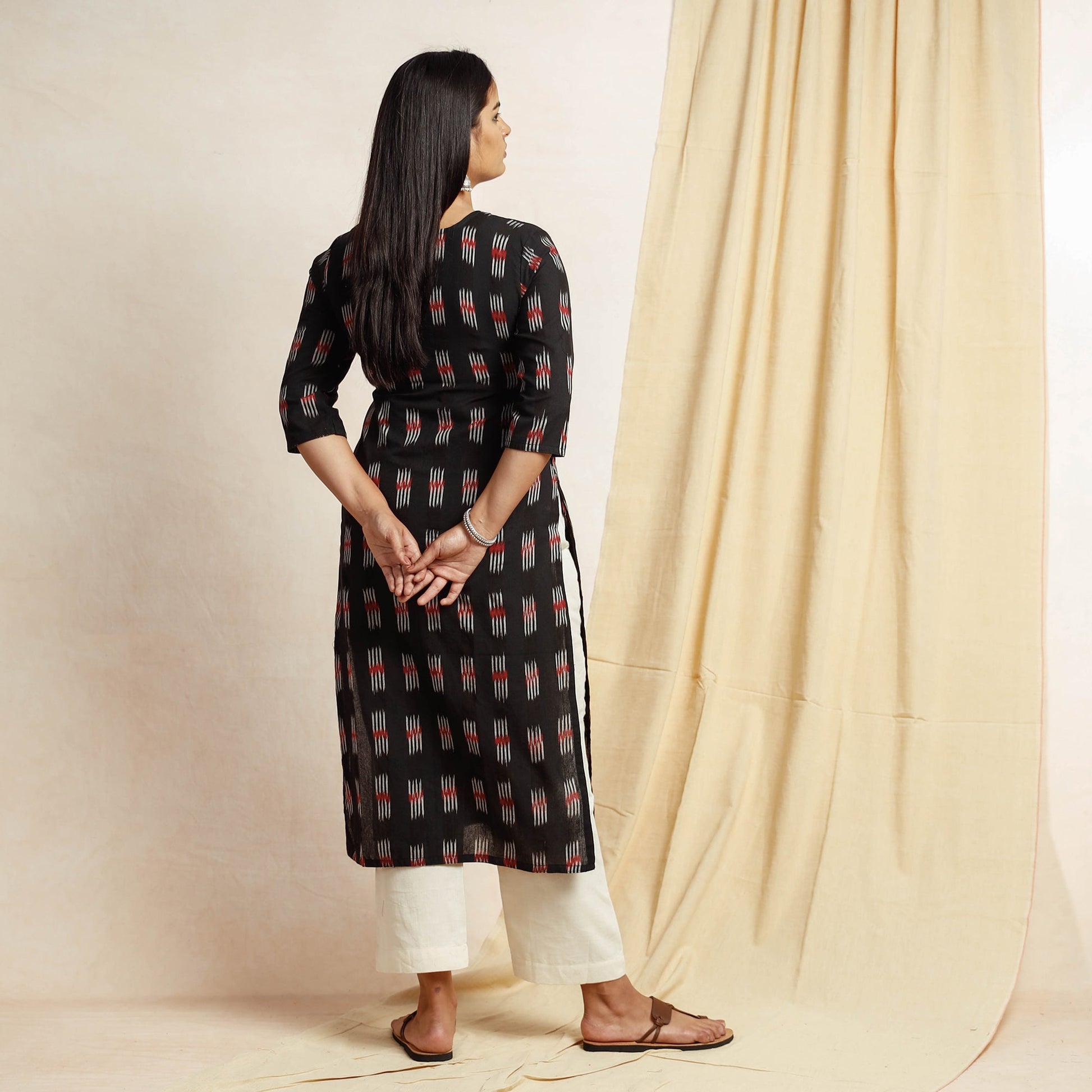 Black Pochampally Ikat Weave Cotton Long Kurta