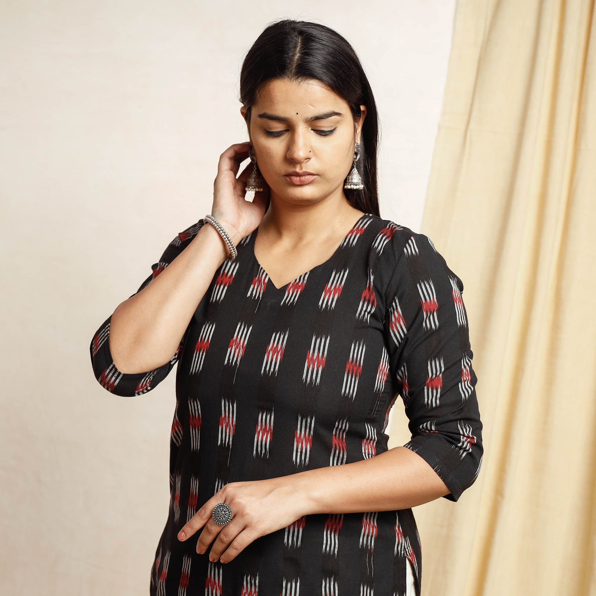 Black Pochampally Ikat Weave Cotton Long Kurta