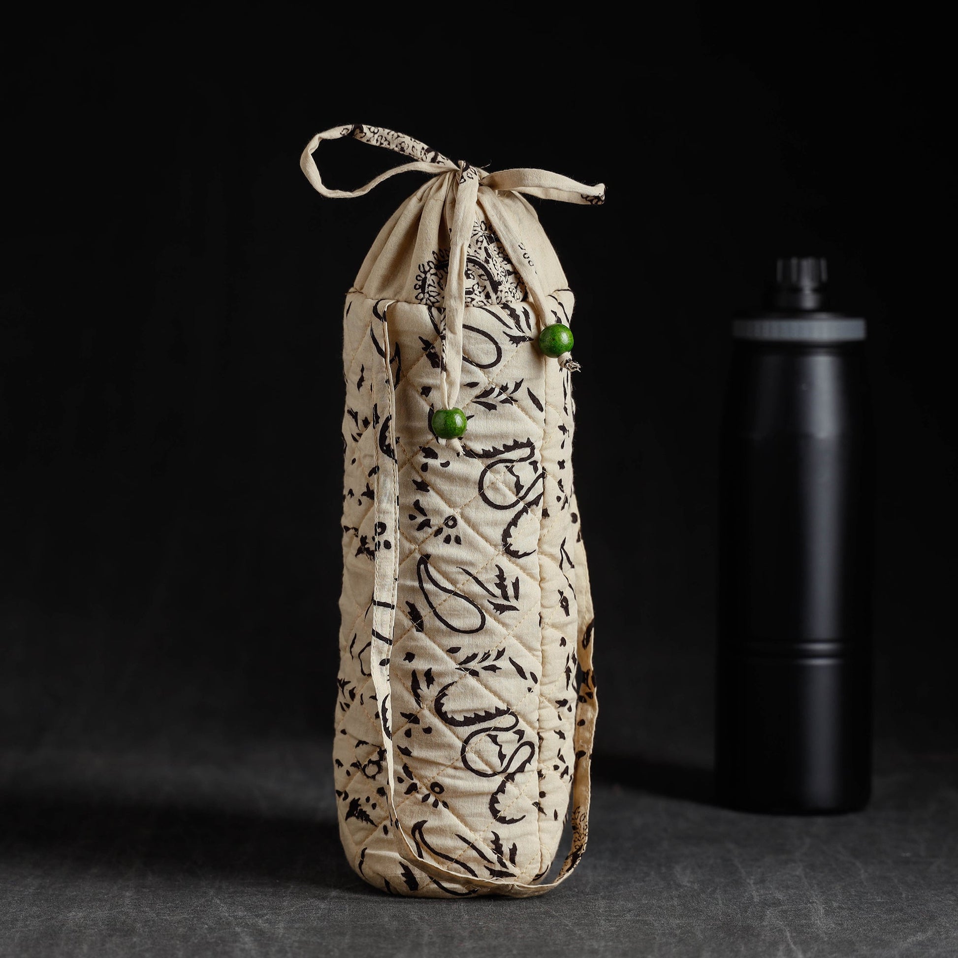 Beige - Block Printed Cotton 1L Water Bottle Cover