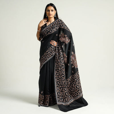 Black - Kashidakari Hand Embroidery Chanderi Silk Saree with Zari Border