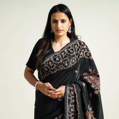 Black - Kashidakari Hand Embroidery Chanderi Silk Saree with Zari Border