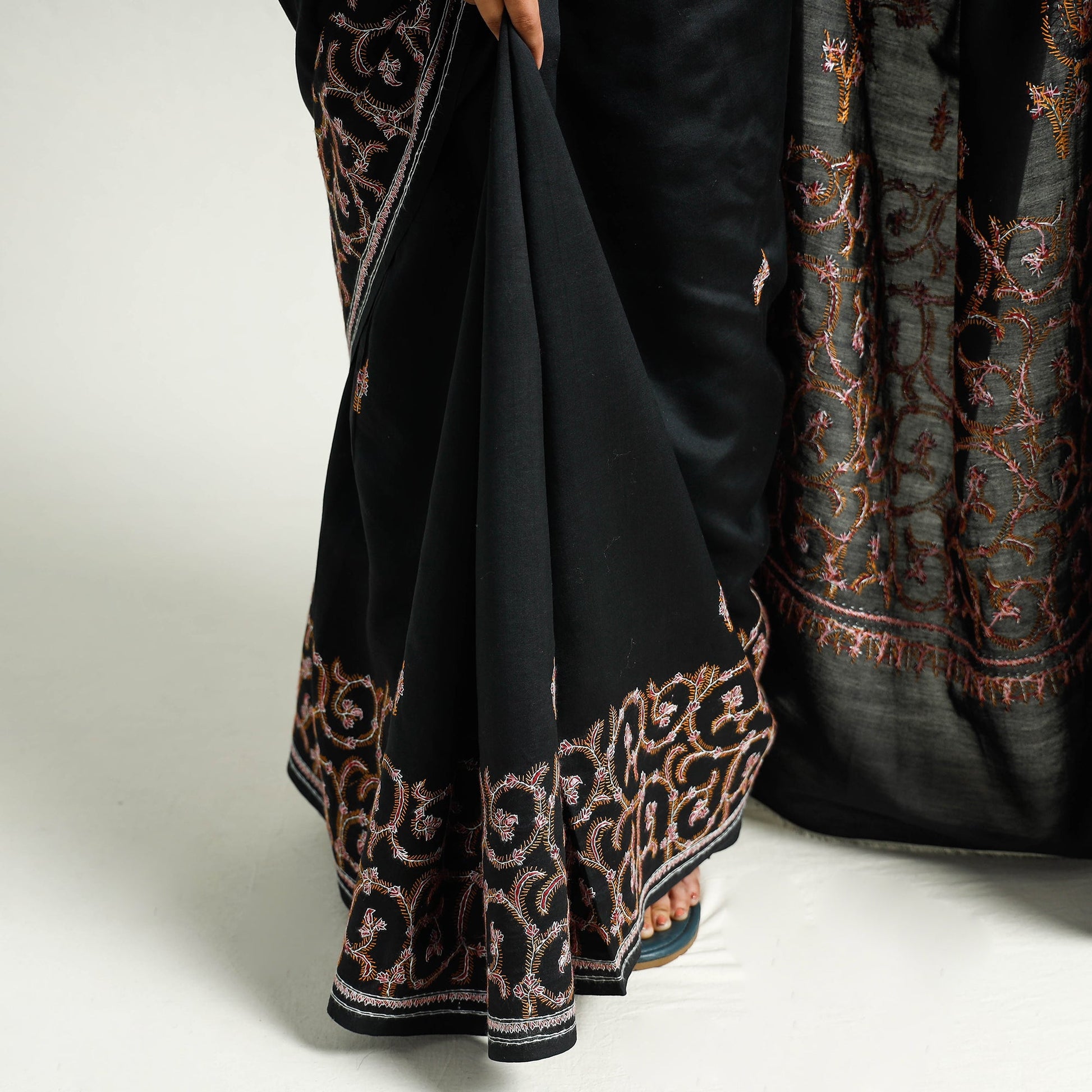 Black - Kashidakari Hand Embroidery Chanderi Silk Saree with Zari Border