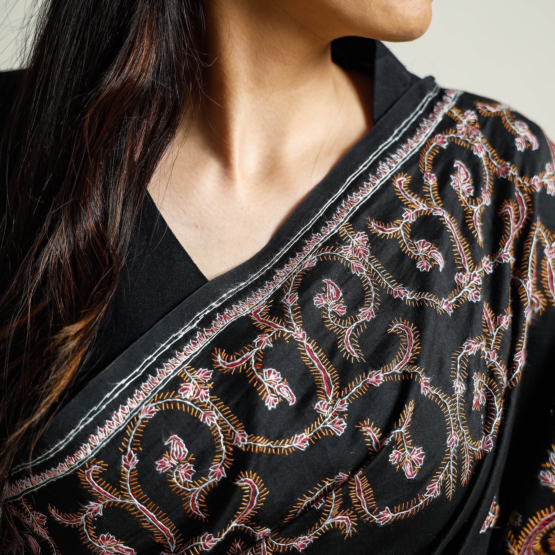 Black - Kashidakari Hand Embroidery Chanderi Silk Saree with Zari Border