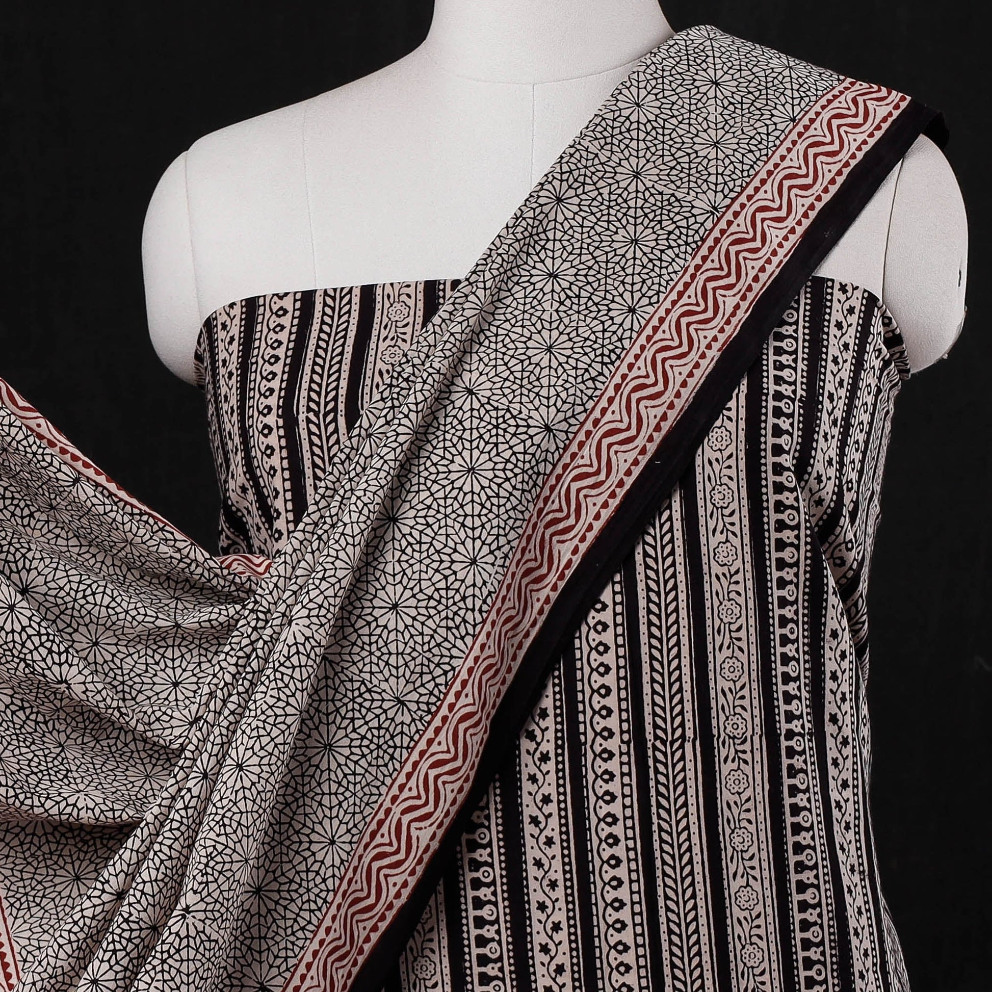 Black - 3pc Natural Dyed Cotton Bagh Print Suit Material Set 09