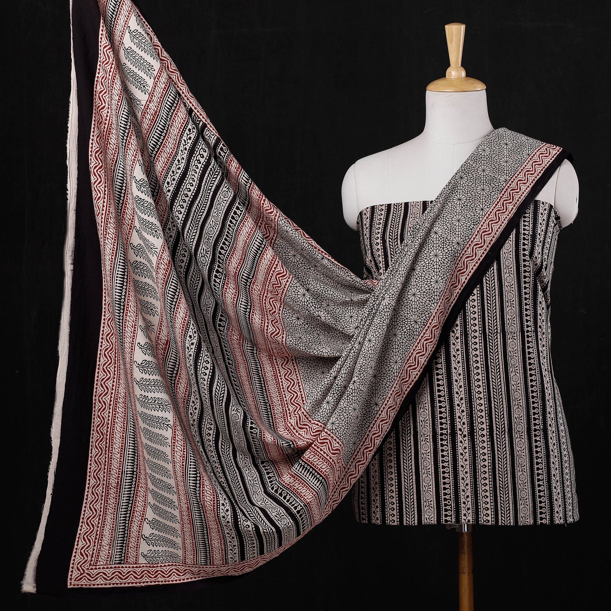 Black - 3pc Natural Dyed Cotton Bagh Print Suit Material Set 09