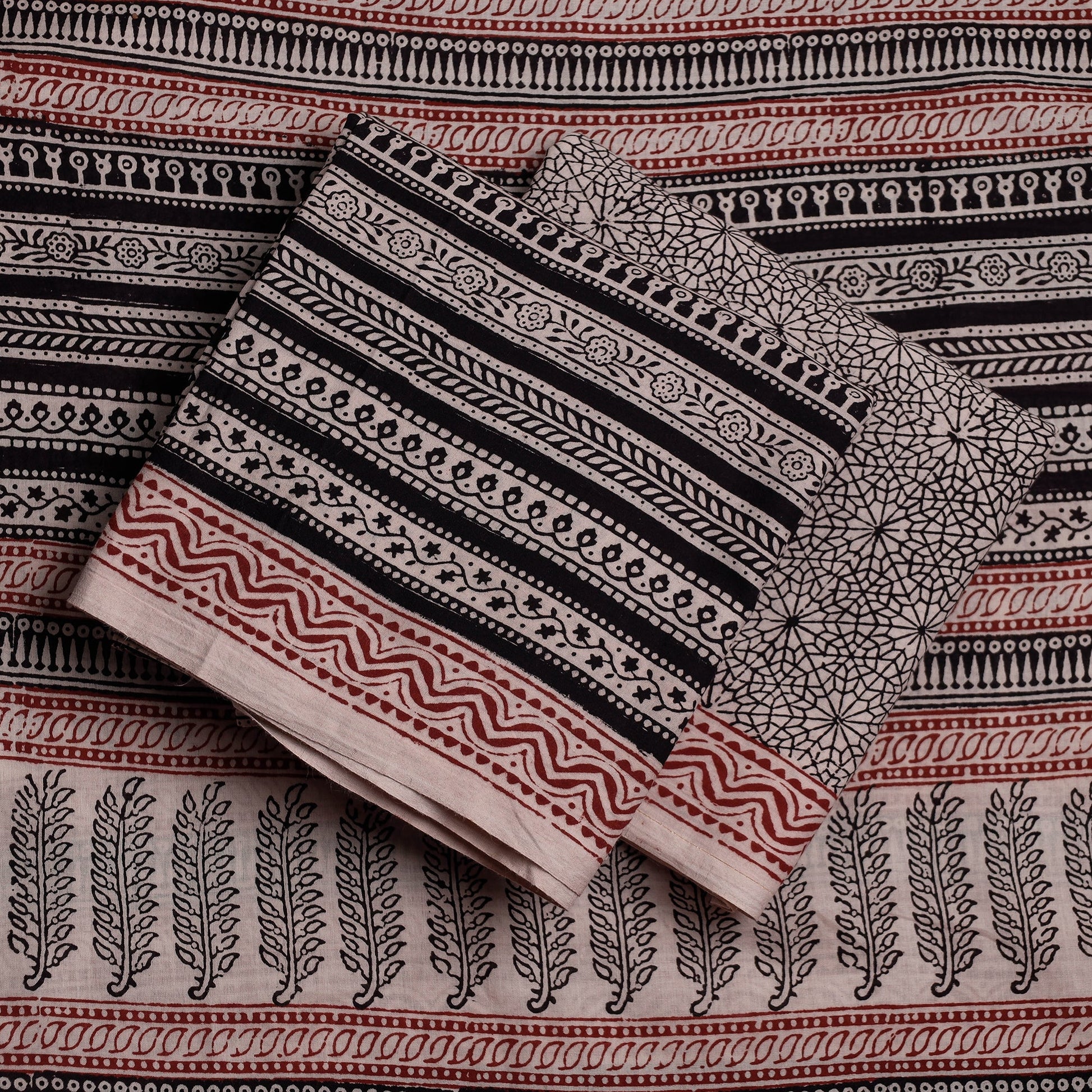 Black - 3pc Natural Dyed Cotton Bagh Print Suit Material Set 09