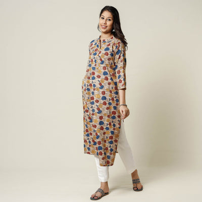 Beige - Kalamkari Printed Cotton Long Kurta