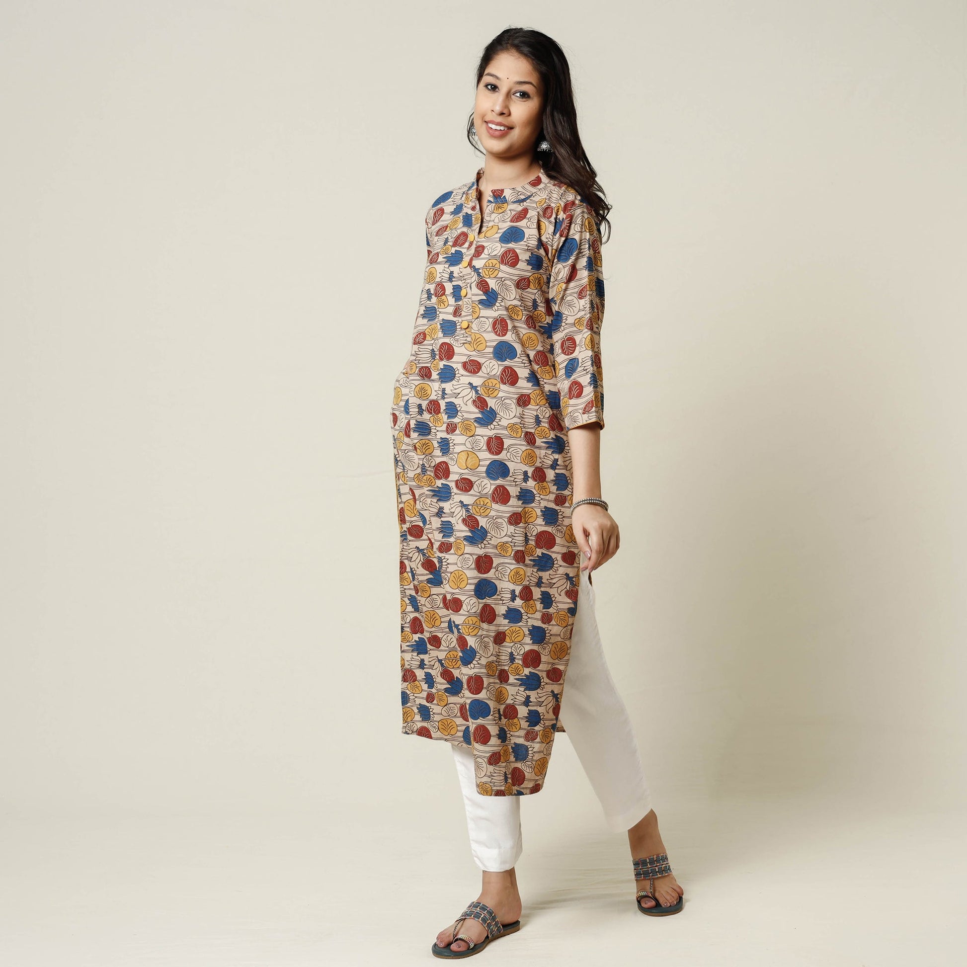Beige - Kalamkari Printed Cotton Long Kurta
