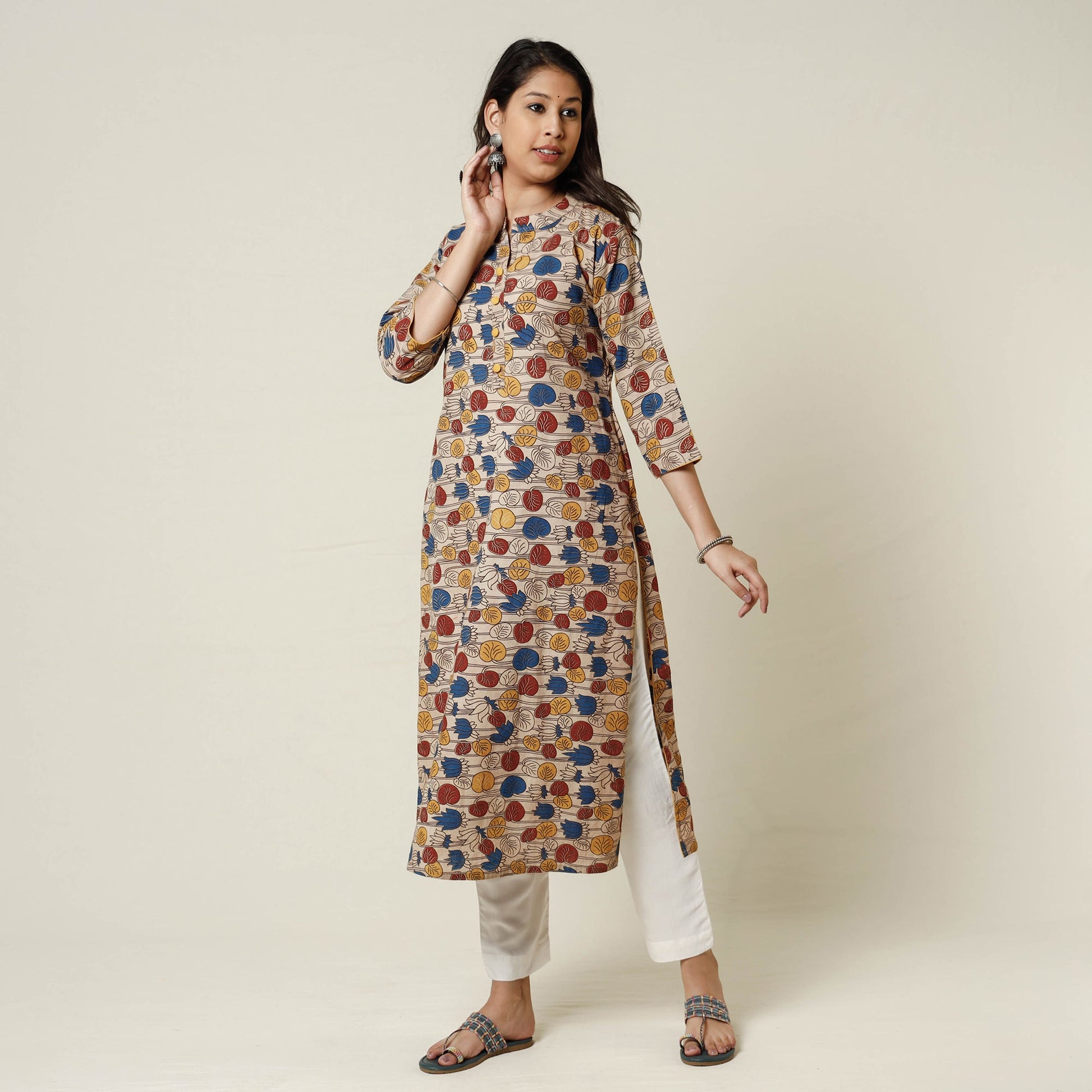 Beige - Kalamkari Printed Cotton Long Kurta