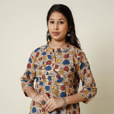Beige - Kalamkari Printed Cotton Long Kurta