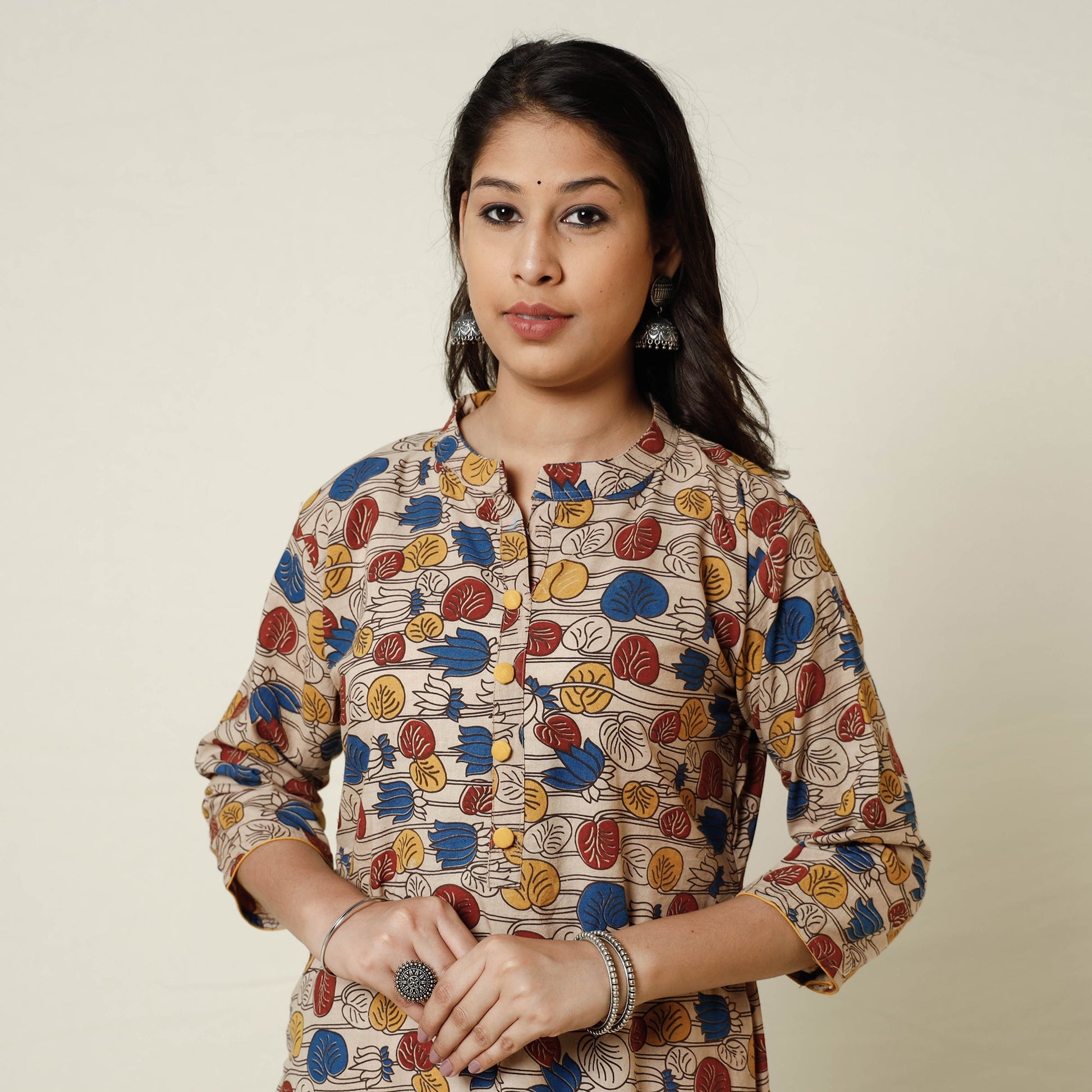 Beige - Kalamkari Printed Cotton Long Kurta