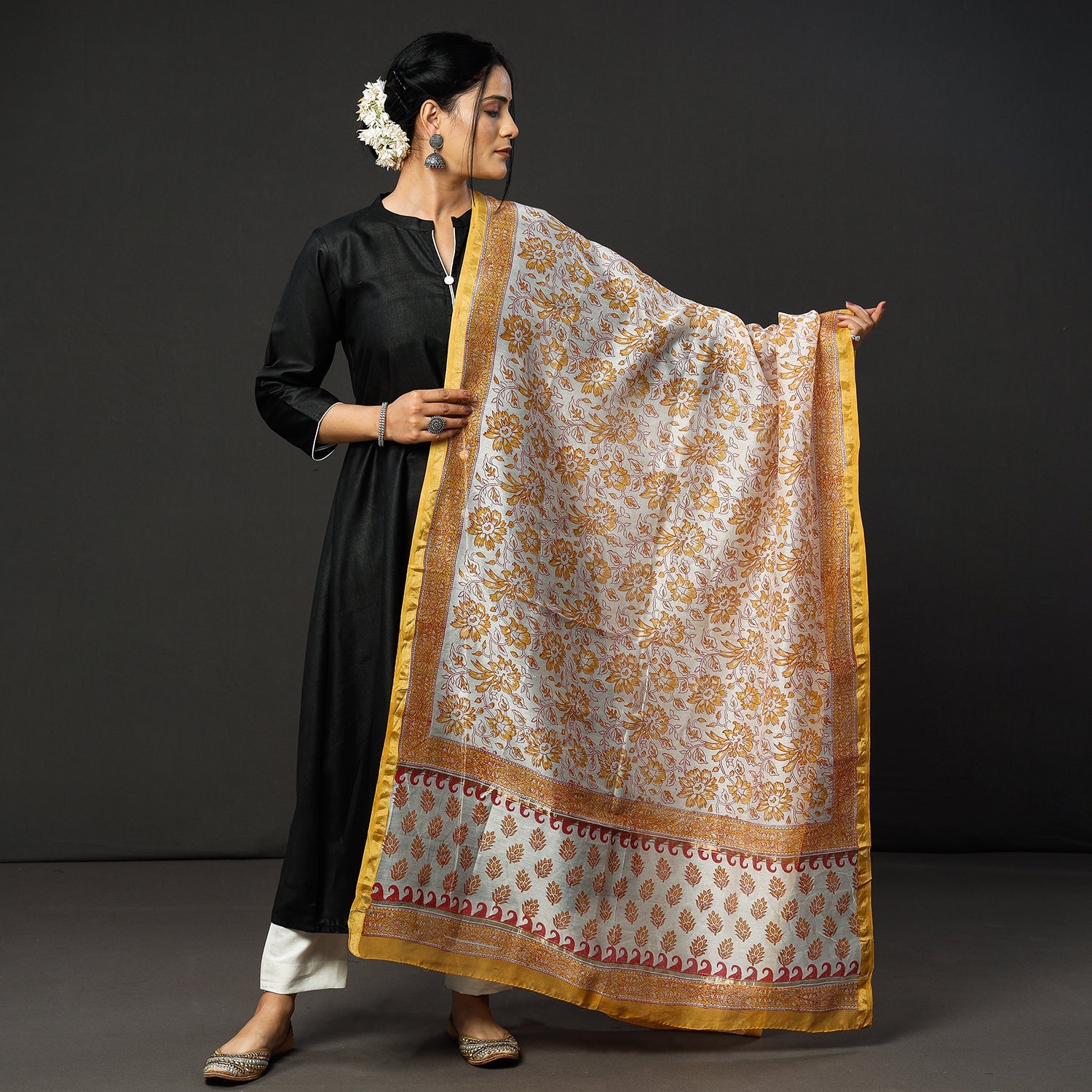 Black Texture Tussar Silk Handloom Kurta with Sanganeri Dupatta