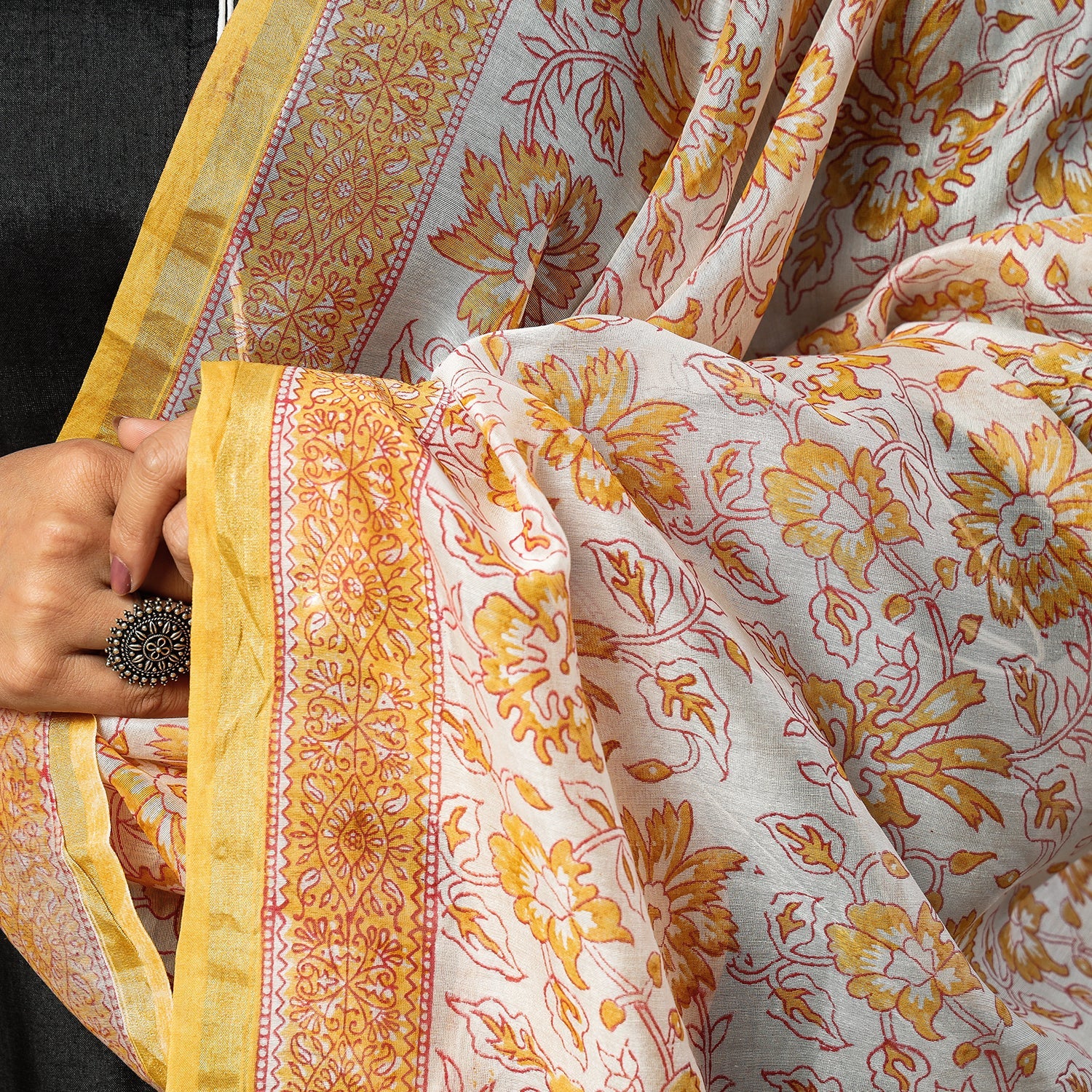Black Texture Tussar Silk Handloom Kurta with Sanganeri Dupatta