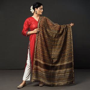Brown - Red Texture Tussar Silk Handloom Kurta with Bagru Dupatta