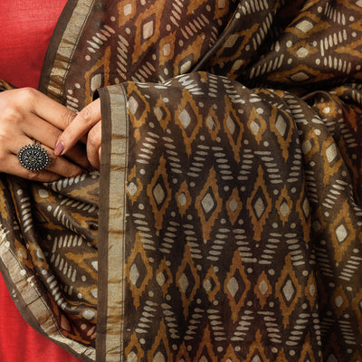 Brown - Red Texture Tussar Silk Handloom Kurta with Bagru Dupatta
