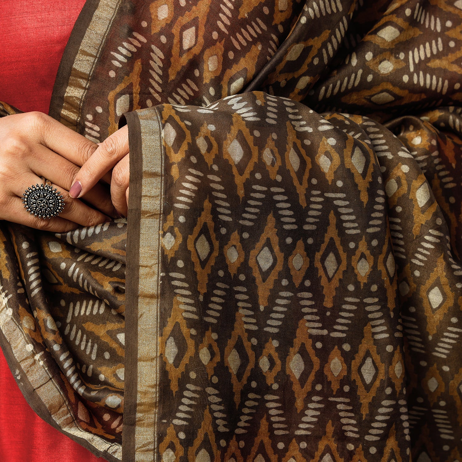 Brown - Red Texture Tussar Silk Handloom Kurta with Bagru Dupatta