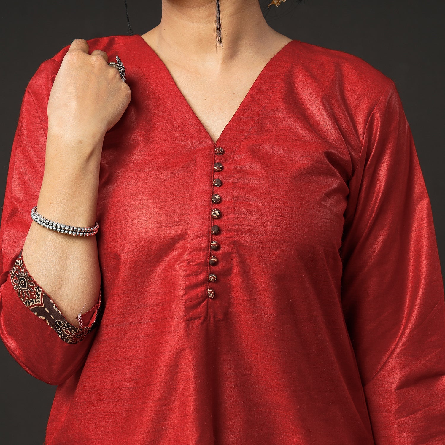 Brown - Red Texture Tussar Silk Handloom Kurta with Bagru Dupatta