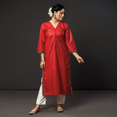 Brown - Red Texture Tussar Silk Handloom Kurta with Bagru Dupatta