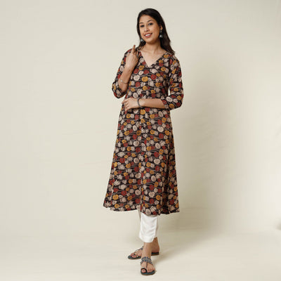 Brown - Kalamkari Printed Cotton Long Kurta