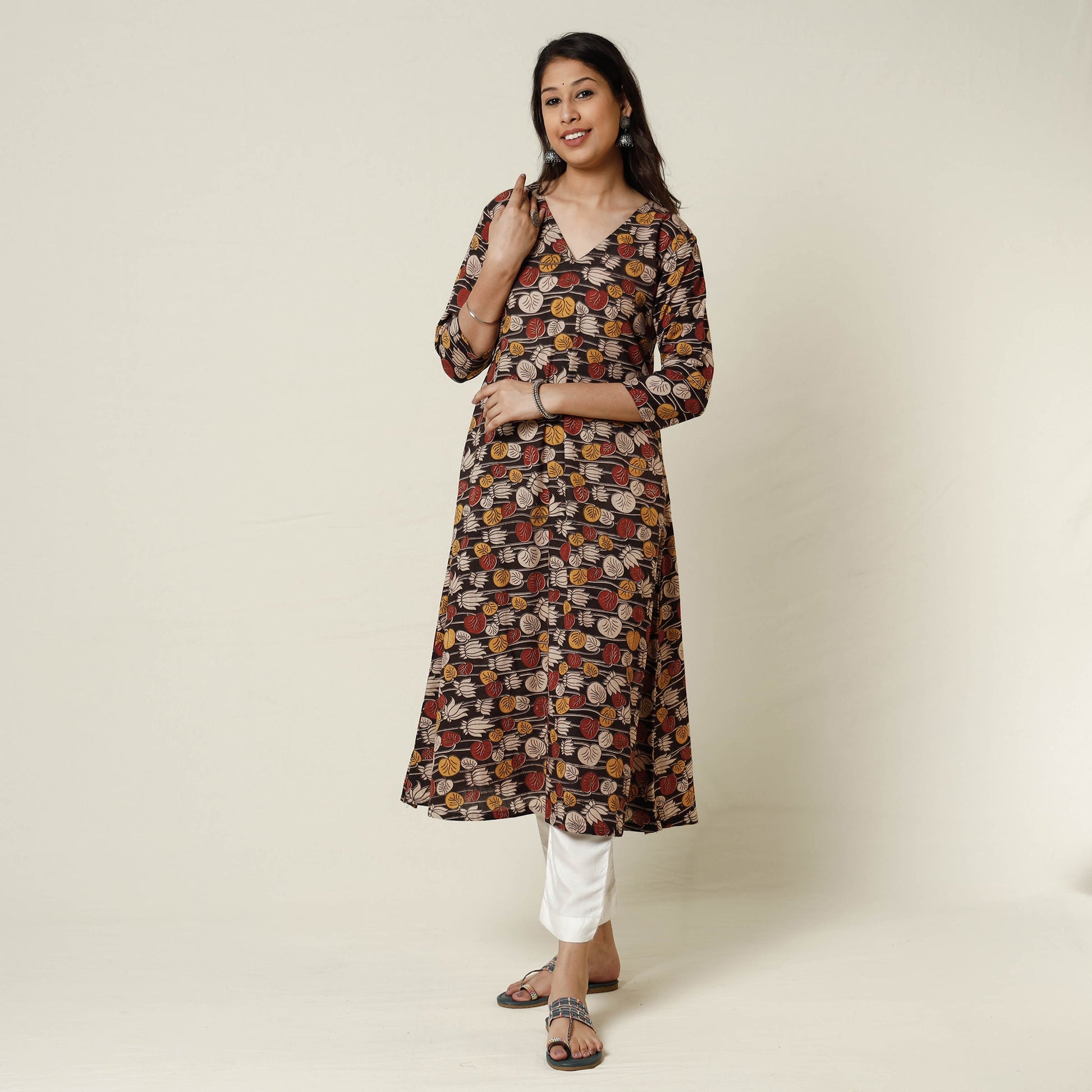 Brown - Kalamkari Printed Cotton Long Kurta