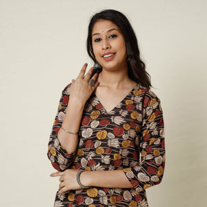 Brown - Kalamkari Printed Cotton Long Kurta