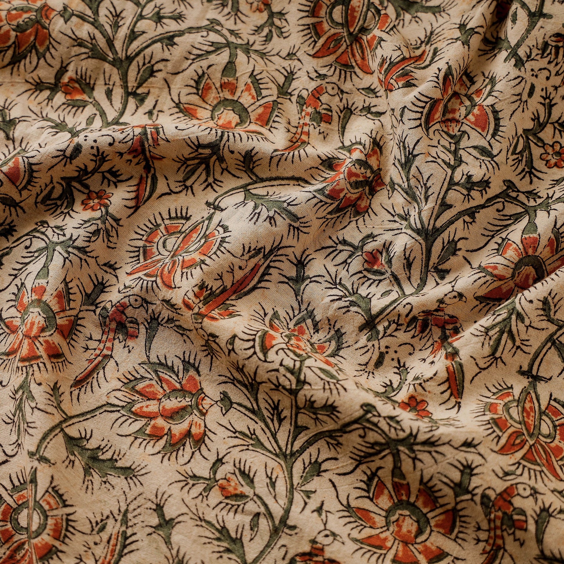Beige - Pedana Kalamkari Block Printed Cotton Fabric
