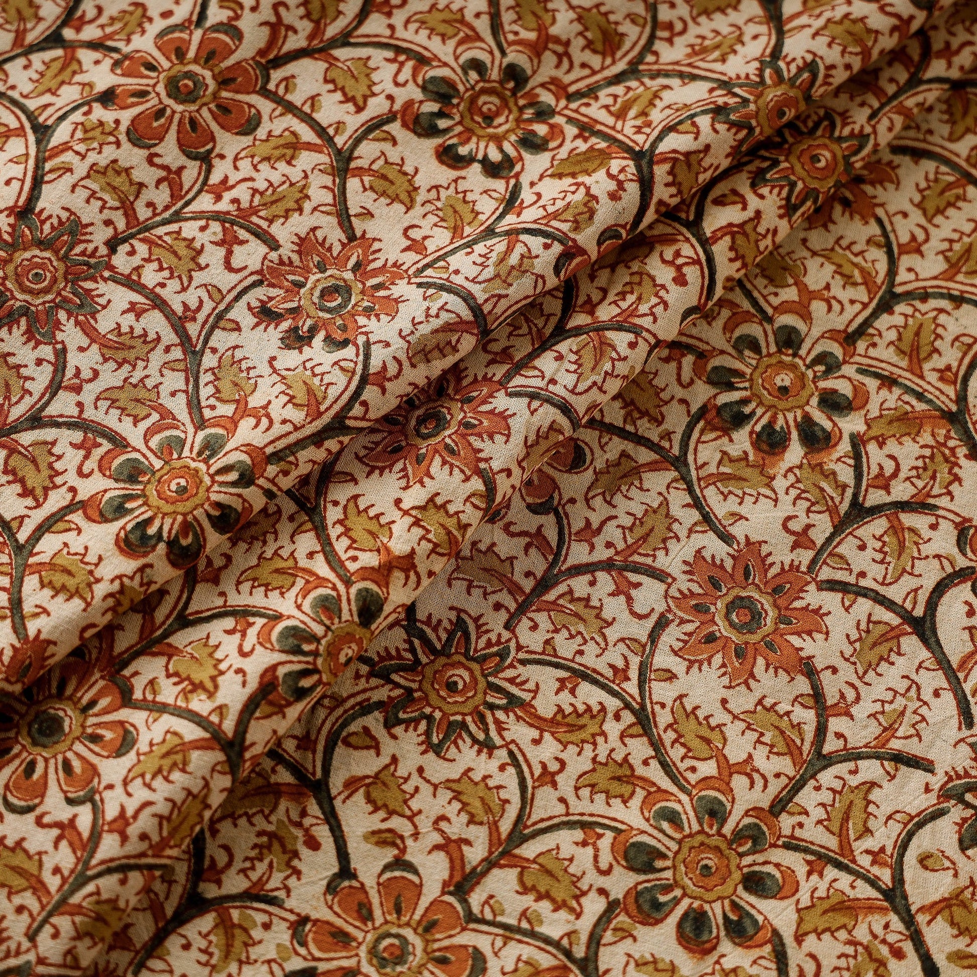 Beige - Pedana Kalamkari Block Printed Cotton Fabric