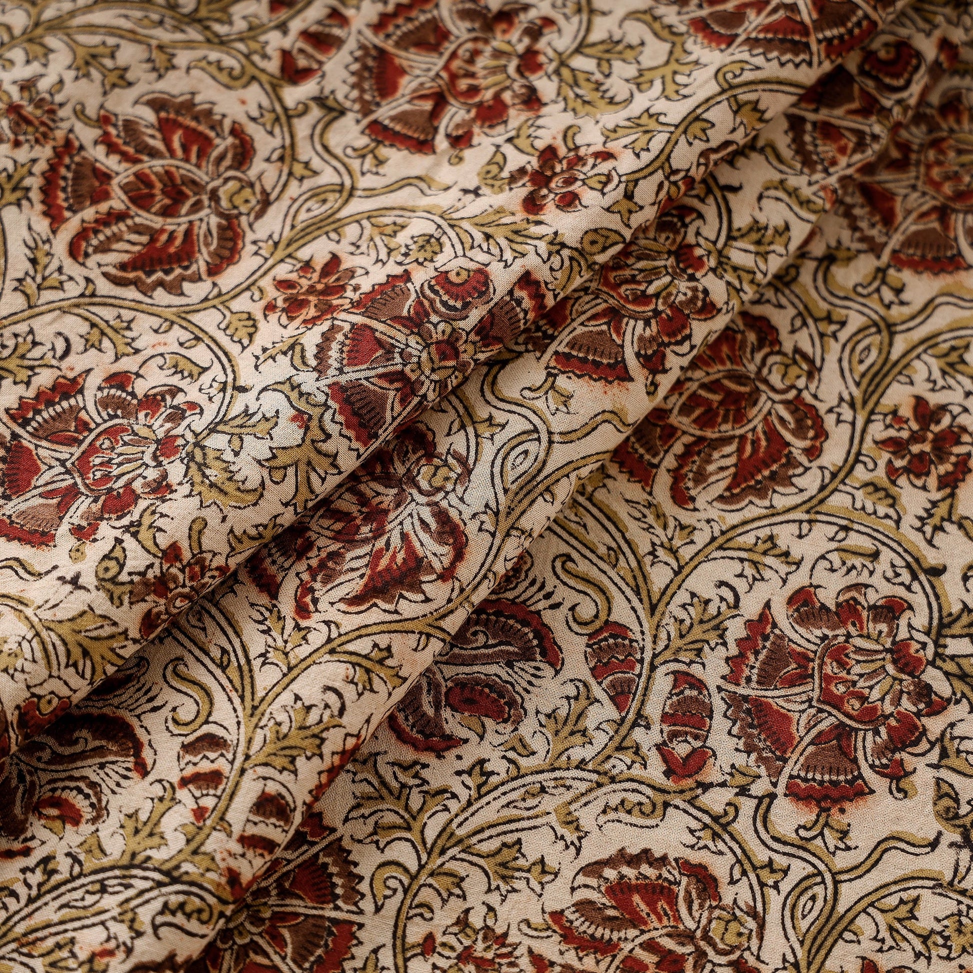 Beige - Pedana Kalamkari Block Printed Cotton Fabric