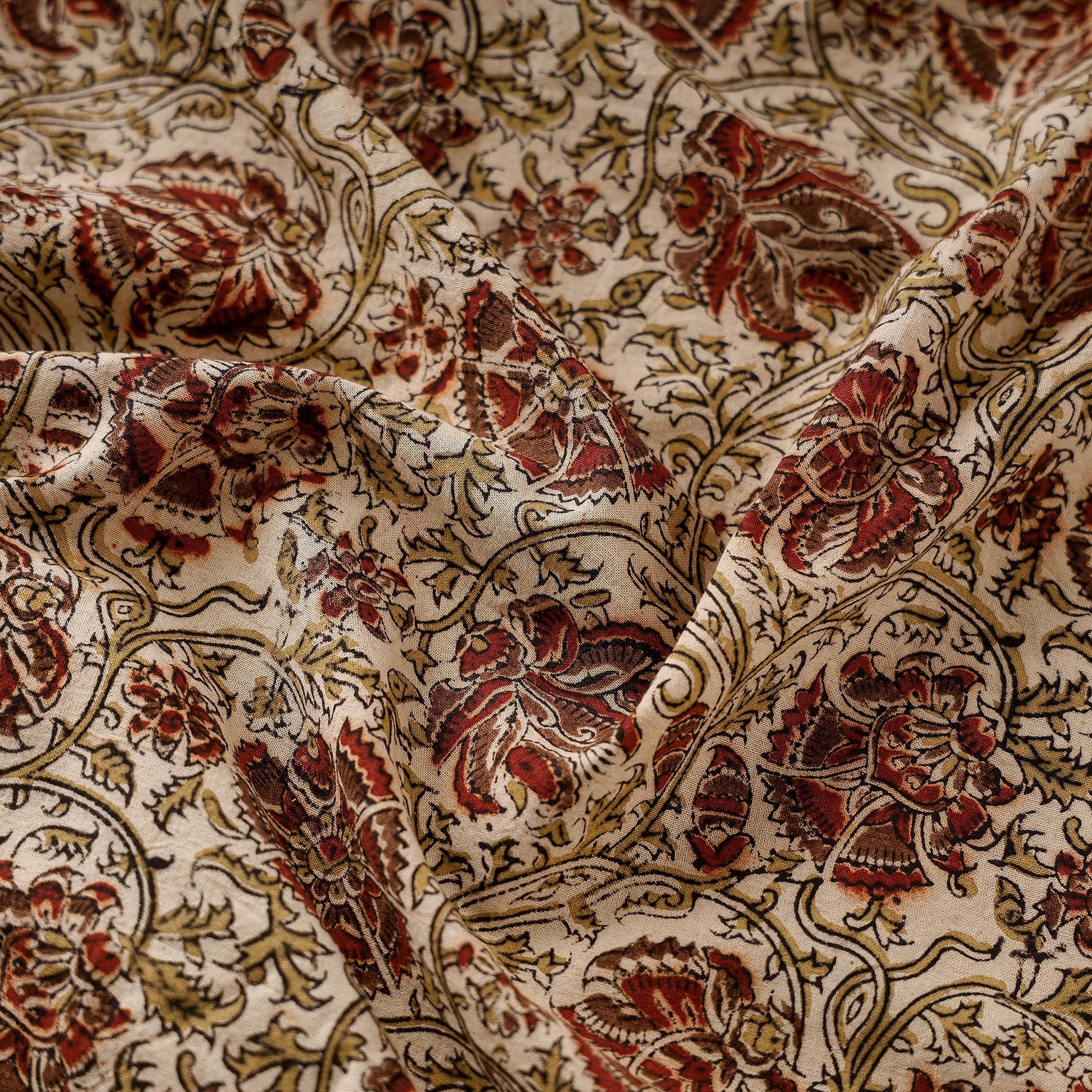 Beige - Pedana Kalamkari Block Printed Cotton Fabric
