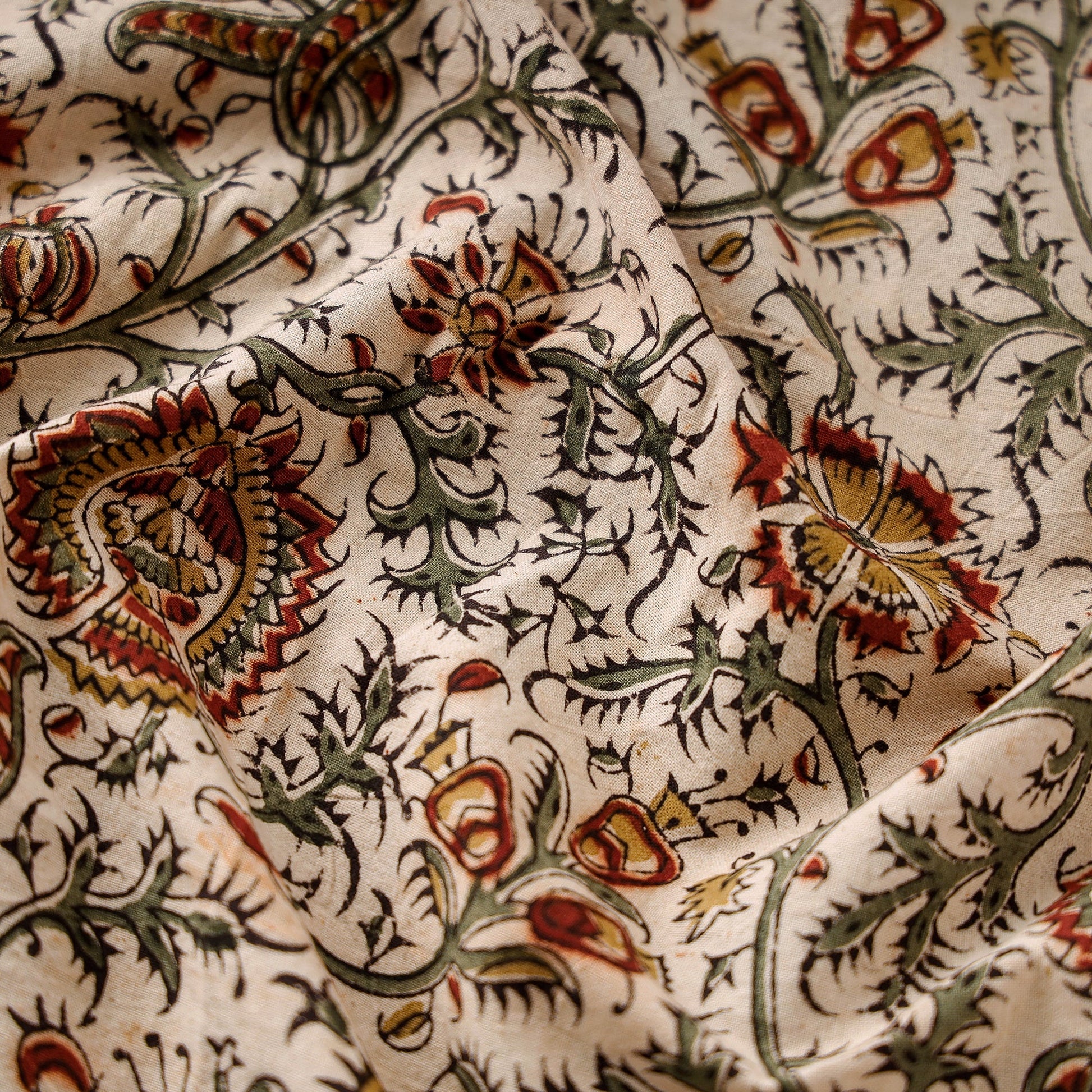 Beige - Pedana Kalamkari Block Printed Cotton Fabric