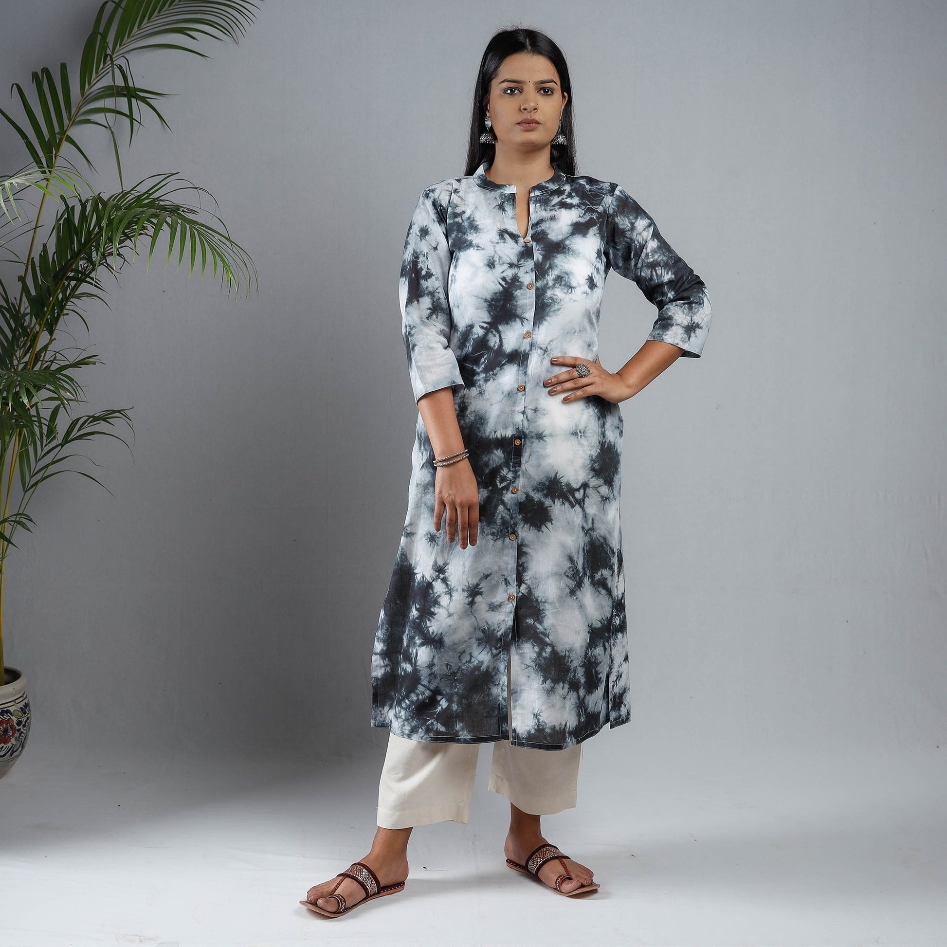 Black & White - Shibori Tie-Dye Mul Cotton Long Kurta