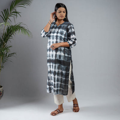Black & White - Shibori Tie-Dye Mul Cotton Long Kurta