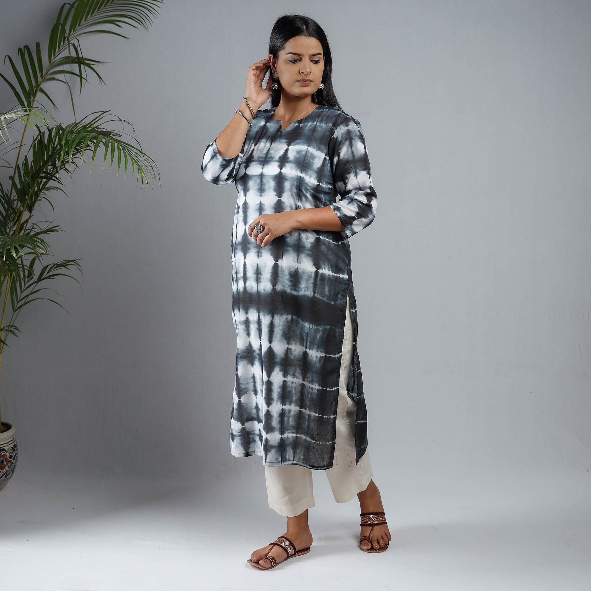 Black & White - Shibori Tie-Dye Mul Cotton Long Kurta