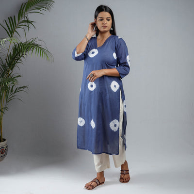 Blue & White - Shibori Tie-Dye Mul Cotton Long Kurta